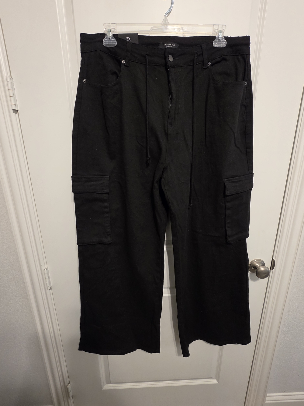 Black Wide Leg Denim Cargo Pants - American Bazi